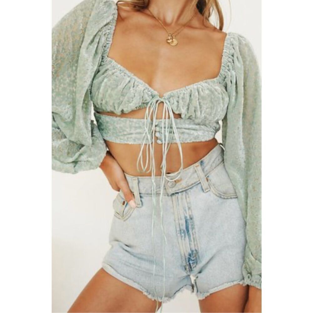 Verge Girl Summer Festival Velvet Front Tie Puff Balloon Long Sleeve Crop Top 6
